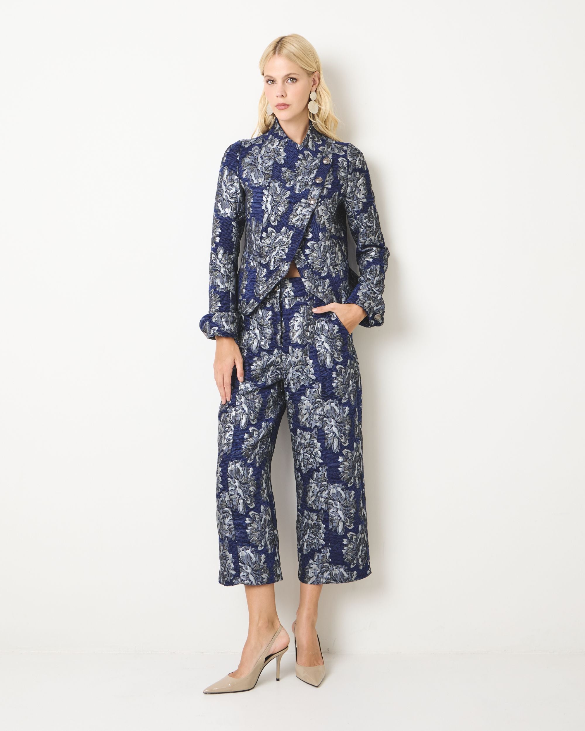 CALÇA JACQAUARD FLORAL DENIM